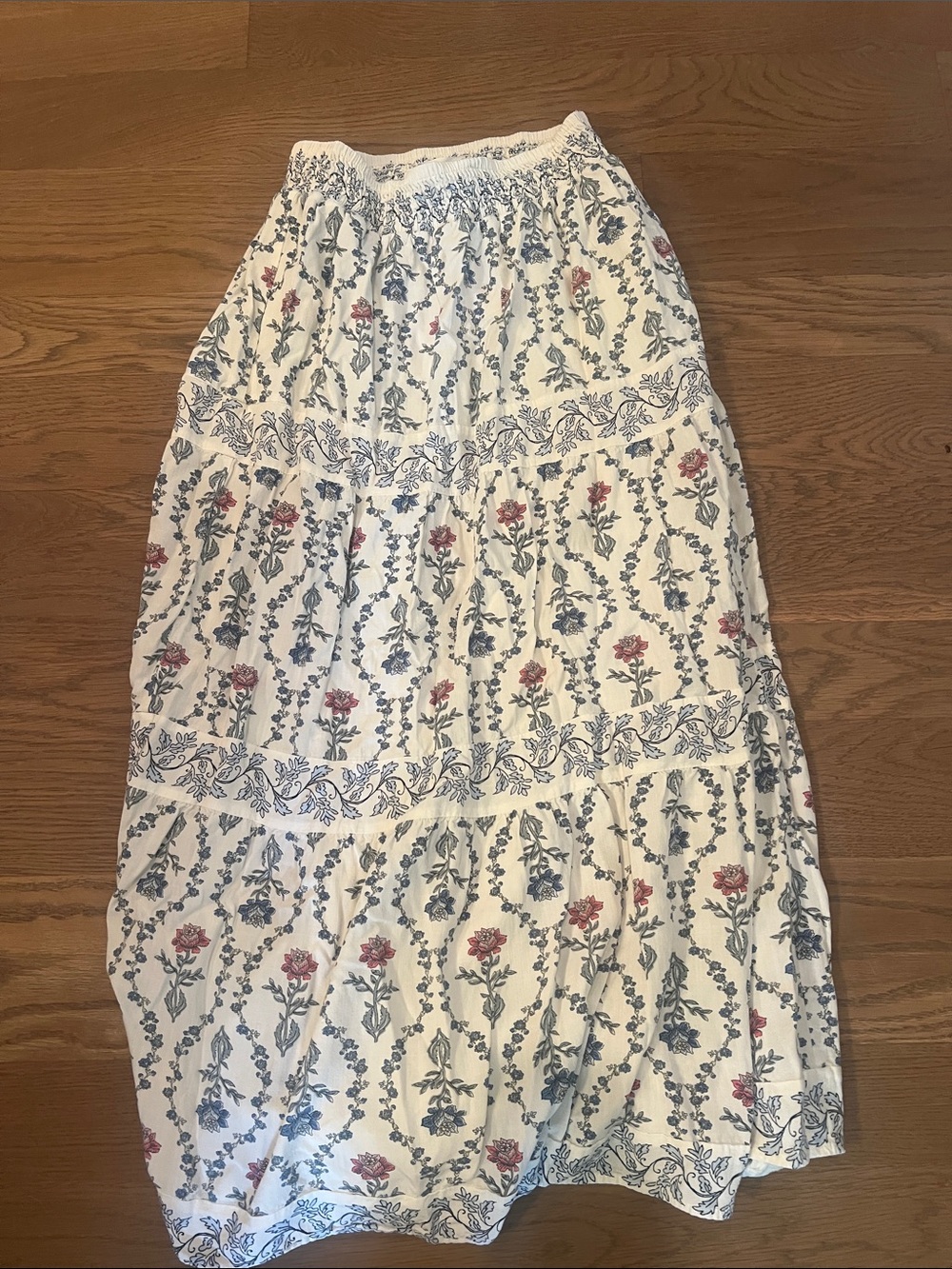 Pink Rose White Maxi Skirt with Blue Vines & Pink Florals